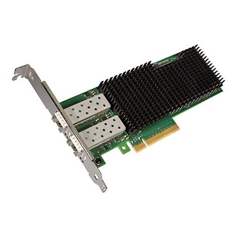 Netzwerkkarte mit grünem PCB, großem schwarzem Kühlkörper und zwei silbernen Anschlüssen.
