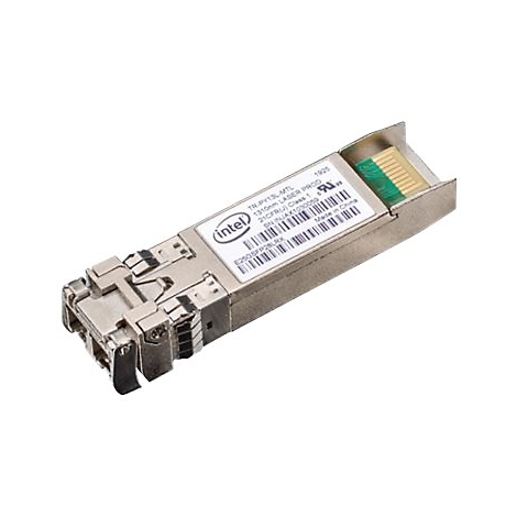 Ein silberner SFP-Transceiver mit Intel-Logo und Barcode-Etikett.