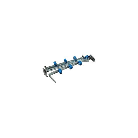 Mehrteiliger Metallrahmen mit blauen Clips. Anordnung in perspektivischer Sicht, vor weißem Hintergrund.