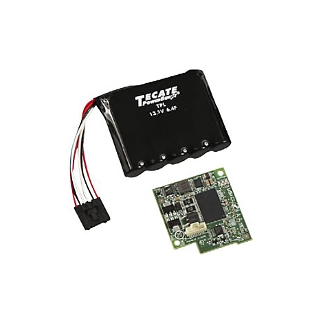 Schwarzer Akku mit Aufdruck und Platine auf weißem Hintergrund.