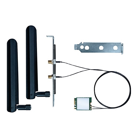 WLAN-Antennen-Set mit Slot-Blech, Kabeln und einer kleinen PCIe-Netzwerkkarte vor weißem Hintergrund.