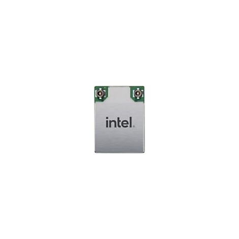 Rechteckiges Intel Wi-Fi-Modul mit silberner Metalloberfläche und zwei Antennenanschlüssen.