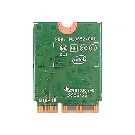 Grüne Intel M.2 WLAN-Karte mit kupferfarbenem Kontaktstecker vor weißem Hintergrund.