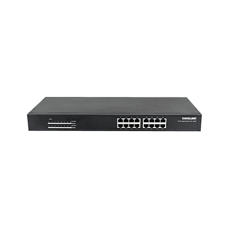 Schwarzer 16-Port Gigabit Ethernet Switch von Intellinet vor weißem Hintergrund.