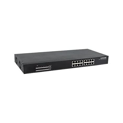 Schwarzer Intellinet Netzwerk-Switch mit 16 Ports vor weißem Hintergrund.