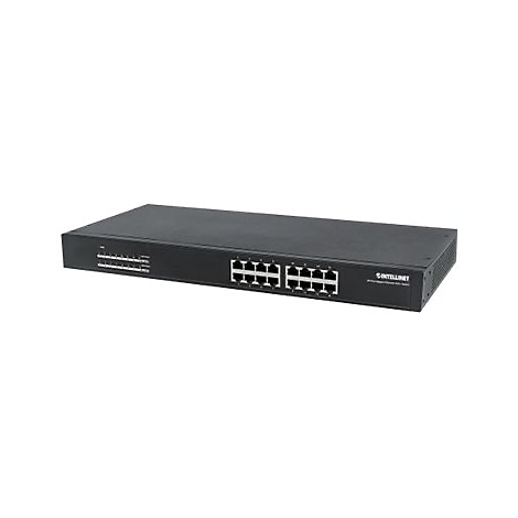 Schwarzer Intellinet 16-Port Gigabit Ethernet Switch vor weißem Hintergrund.