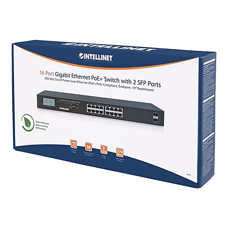 Schwarzer Netzwerkswitch in der Verpackung. Aufschrift: 16-Port Gigabit Ethernet PoE+ Switch. Logos und Symbole sind ebenfalls sichtbar.