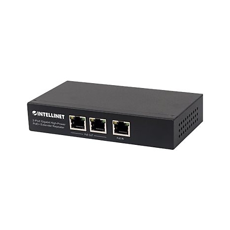 Schwarzer Intellinet 2-Port Gigabit High-Power PoE+ Extender Repeater vor weißem Hintergrund.