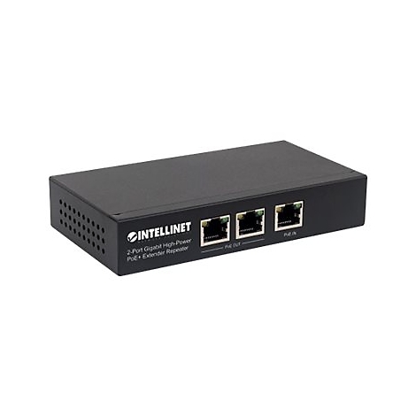 Schwarzer 2-Port Gigabit High-Power PoE+ Extender Repeater von Intellinet vor weißem Hintergrund.