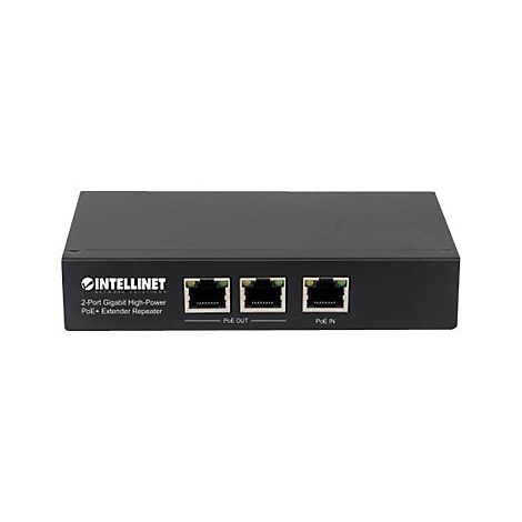 Schwarzer Intellinet PoE+ Extender Repeater mit drei Ethernet-Anschlüssen vor weißem Hintergrund.