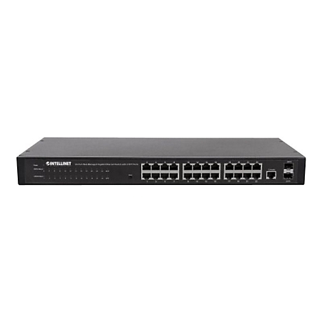 Schwarzer 24-Port Gigabit-Netzwerk-Switch von Intellinet mit zwei SFP-Ports vor weißem Hintergrund.