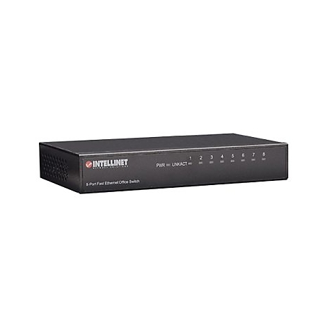 Schwarzer 8-Port Fast Ethernet Office Switch von Intellinet vor weißem Hintergrund.