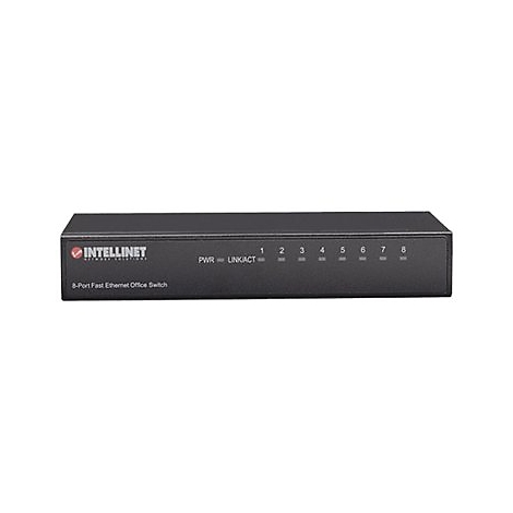 Schwarzer 8-Port Fast Ethernet Office Switch von Intellinet mit Status-LEDs auf der Vorderseite.