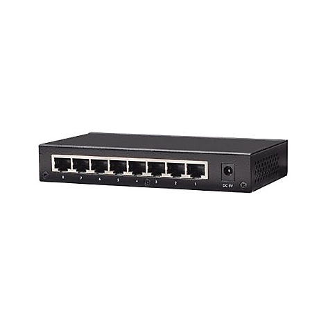 Schwarzer 8-Port Netzwerk-Switch mit rückseitigem Stromanschluss vor weißem Hintergrund.