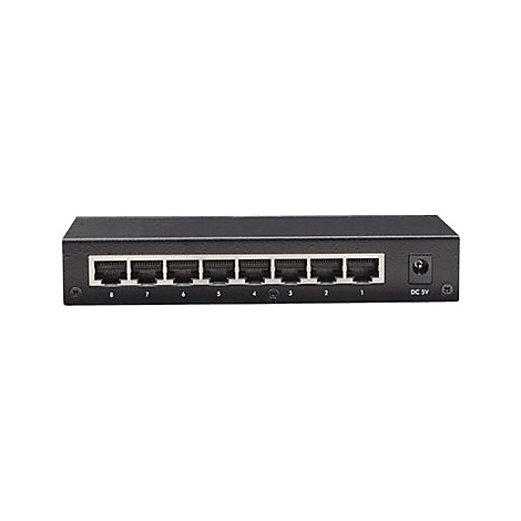 Schwarzer 8-Port Ethernet-Netzwerk-Switch mit DC 5V Stromanschluss auf weißem Hintergrund.