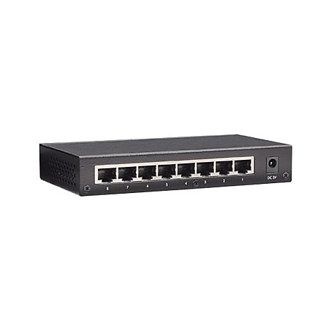 Schwarzer 8-Port Netzwerk-Switch aus Metall vor weißem Hintergrund.