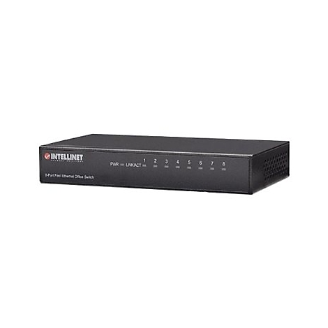 Schwarzer 8-Port Fast Ethernet Office Switch von Intellinet vor weißem Hintergrund.