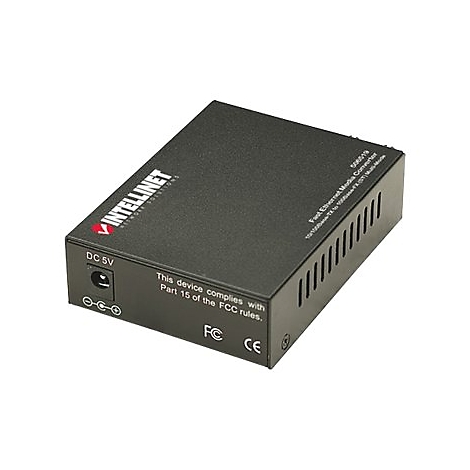 Schwarzer Intellinet Fast Ethernet Medienkonverter auf weißem Hintergrund.