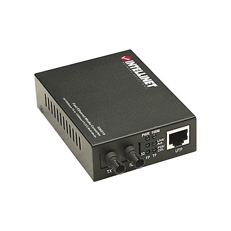 Schwarzer Intellinet Fast Ethernet Media Converter mit ST-Glasfaseranschlüssen und RJ45-Port auf weißem Grund.