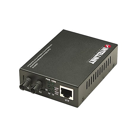 Schwarzer Ethernet-Medienkonverter mit AnschlÃ¼ssen und LED-Anzeigen. Aufschrift: Intellinet. UTP-Anschluss.