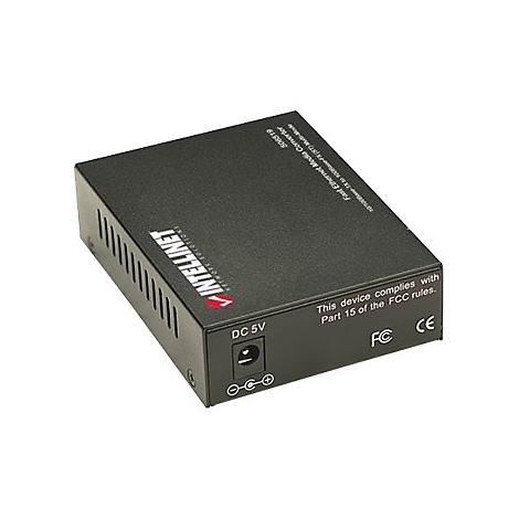 Ein schwarzer Ethernet-Medienkonverter von Intellinet, DC 5V, FCC-konform.