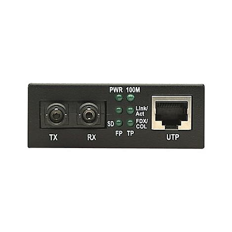 Schwarzer Netzwerk-Medienkonverter. Oben LEDs, unten AnschlÃ¼sse fÃ¼r TX, RX und UTP.