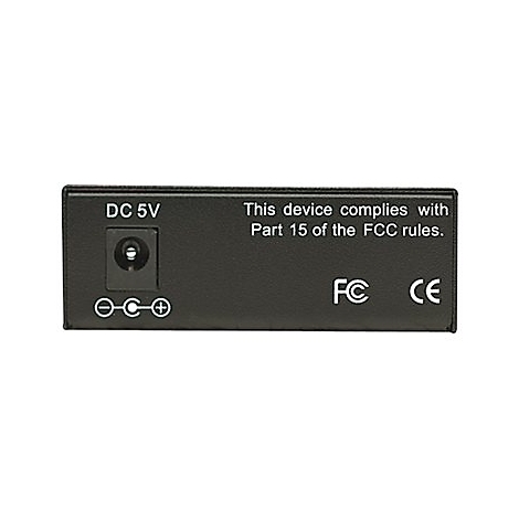 Schwarzes GerÃ¤t mit Aufschriften: DC 5V, FCC- und CE-Zeichen. Beschreibung des GerÃ¤ts.