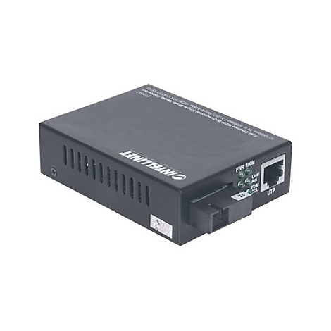 Schwarzer Intellinet Medienkonverter mit UTP-Port, Glasfaseranschluss und LED-Statusanzeigen.