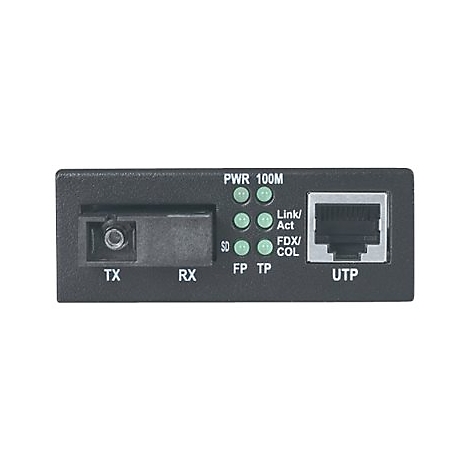 Glasfaser-Medienkonverter mit TX-RX-Anschluss, UTP-Port und Status-LEDs auf schwarzem Gehäuse.