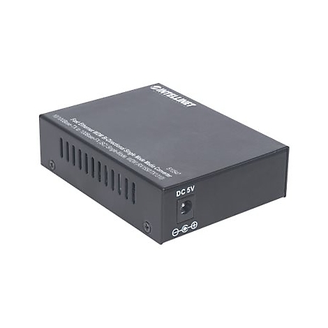 Schwarzer Fast Ethernet WDM Medienkonverter von Intellinet auf weißem Hintergrund.
