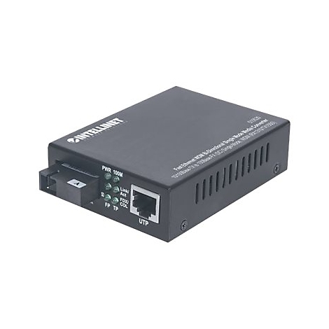 Schwarzer Intellinet Media Converter mit LAN- und Glasfaseranschluss sowie Status-LEDs auf weißem Hintergrund.