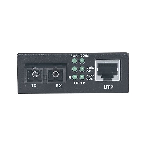 Schwarzer Glasfaser-Medienkonverter mit optischen TX/RX-Anschlüssen, Status-LEDs und einem RJ45-UTP-Port.
