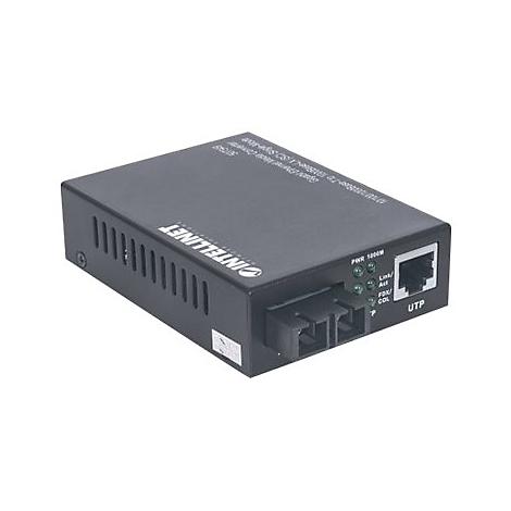 Schwarzer Intellinet Medienkonverter mit Ethernet- und Glasfaseranschlüssen vor weißem Hintergrund.