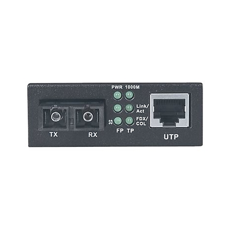 Schwarzer Medienkonverter mit Lichtwellenleiteranschluss, Status-LEDs und RJ45-Netzwerkport.