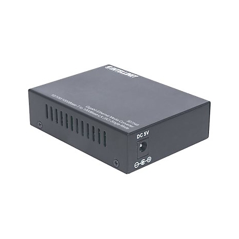 Schwarzer Intellinet Gigabit Ethernet Medienkonverter mit DC 5V Anschluss auf weißem Hintergrund.