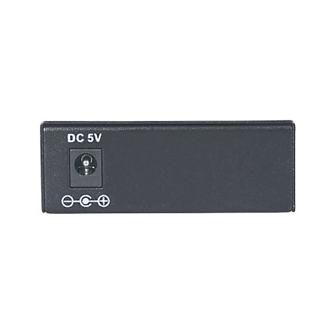 Schwarzer DC-Stromanschluss 5V mit Polaritätssymbol auf Gehäuse.