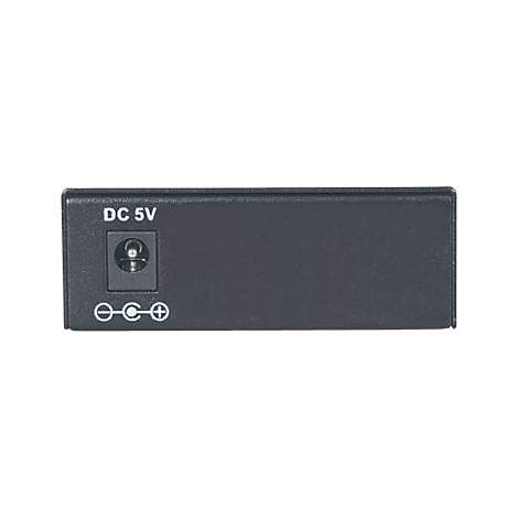 Schwarze Rückseite eines Geräts mit einem DC 5V Stromeingang und Polaritätskennzeichnung.