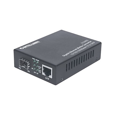 Schwarzer Intellinet Gigabit Ethernet Medienkonverter mit SFP- und UTP-Anschluss.