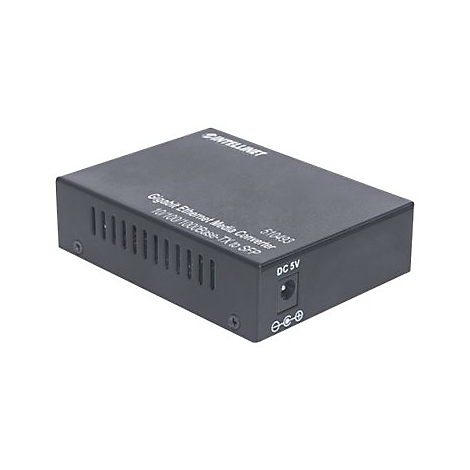 Schwarzer Gigabit Ethernet Medienkonverter von Intellinet mit Stromanschluss auf weißem Hintergrund.