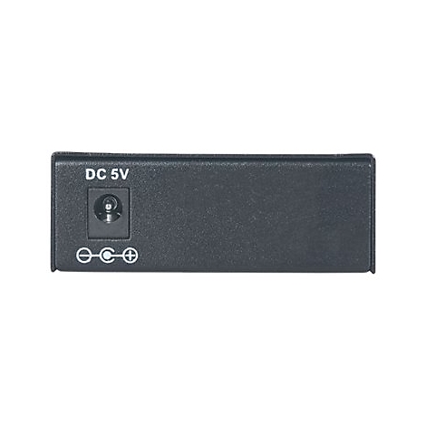 Schwarze Rückseite eines technischen Geräts mit DC 5V Stromanschluss und Polungssymbol vor weißem Hintergrund.
