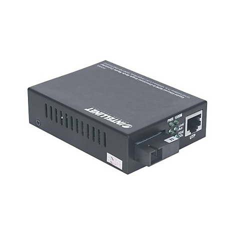 Schwarzer Intellinet Gigabit Ethernet Medienkonverter mit UTP-Anschluss und Glasfaser-Port vor weißem Hintergrund.
