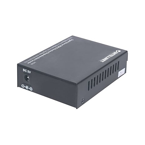 Schwarzer Intellinet Gigabit Ethernet Medienkonverter mit DC 5V Anschluss auf weißem Hintergrund.