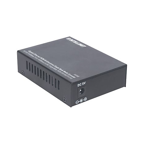 Schwarzer Gigabit Ethernet Medienkonverter von Intellinet mit DC 5V Stromanschluss auf weißem Hintergrund.