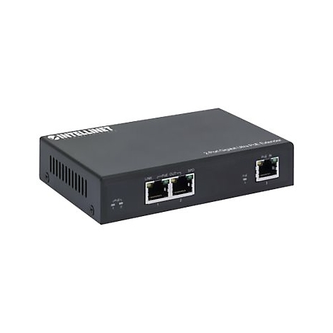 Schwarzer Netzwerk-Extender mit drei RJ45-Ports und der Aufschrift Intellinet.