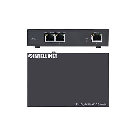 Schwarzer PoE Extender. Oben: AnschlÃ¼sse, Beschriftung. Unten: Logo, Text '2-Port Gigabit Ultra PoE Extender'.