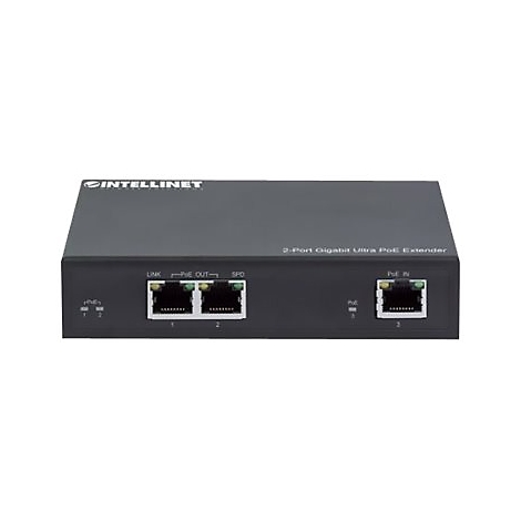 Schwarzer Netzwerk-Extender mit AnschlÃ¼ssen fÃ¼r Kabel. Beschriftung: Intelleinet, 2-Port Gigabit Ultra PoE Extender. AnschlÃ¼sse mit LINK, POE OUT und POE IN.
