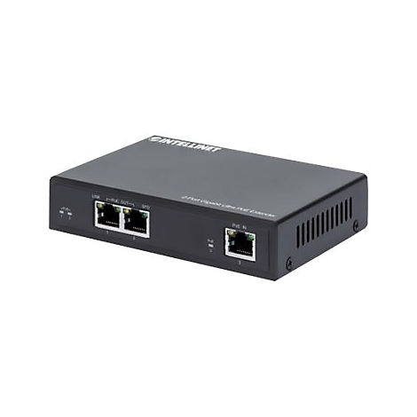 Ein schwarzer Gigabit Ultra PoE Extender mit AnschlÃ¼ssen und dem Schriftzug INTELLINIT.