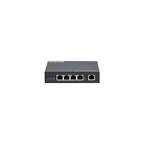 Ein schwarzer Intellinet PoE-Switch mit fÃ¼nf Ports, Beschriftung und Logos.