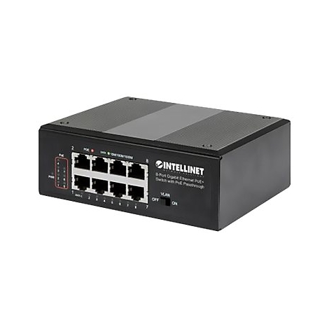 Schwarzer 8-Port-Gigabit-Ethernet-Switch mit PoE Passthrough. Oben und unten dunkelgraue Streifen. AnschlÃ¼sse fÃ¼r LAN-Kabel. Intellinet-Logo und Produktbezeichnung.