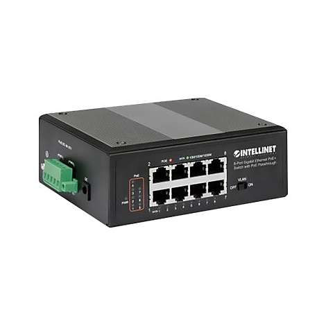 Schwarzer Netzwerk-Switch mit acht Ports, grauen Streifen und grÃ¼nen AnschlÃ¼ssen.